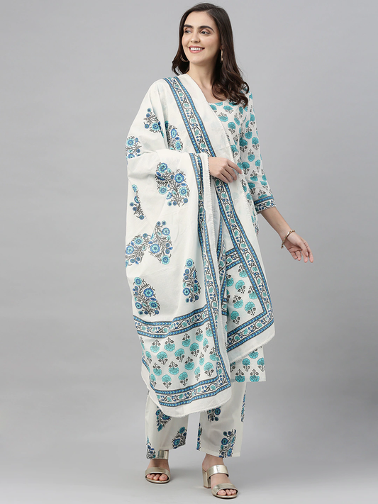 Women Blue Printed Kurta Set