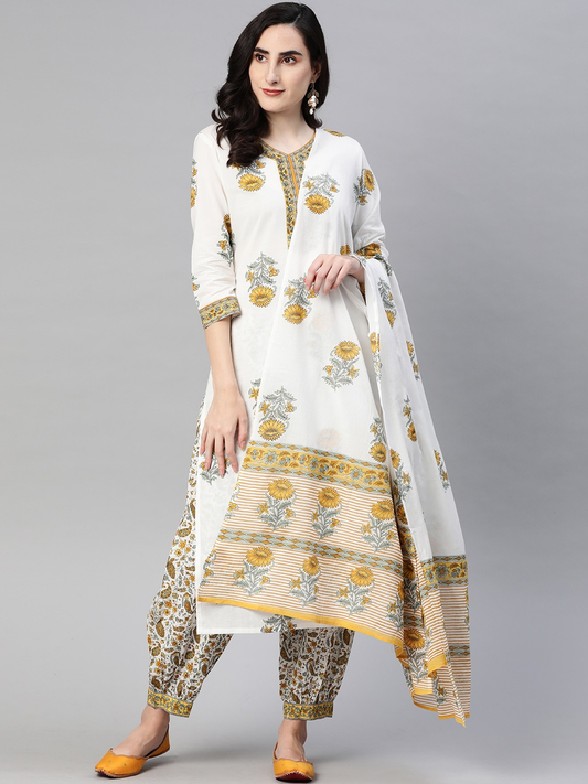 Women White & Yellow Kurta with Salwar & Dupatta