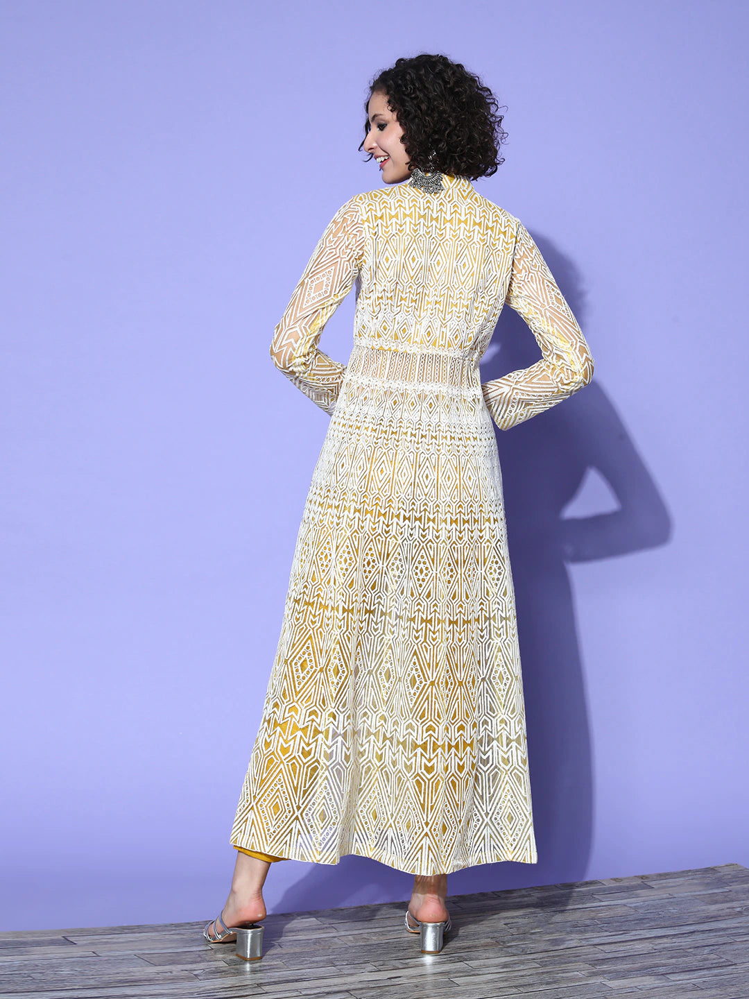 Women Yellow Embroidered High Slit Thread Work Kurta Set
