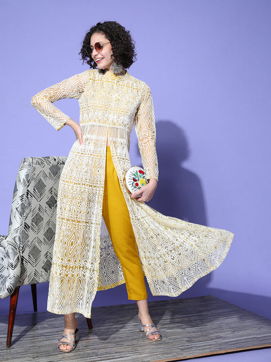 Women Yellow Embroidered High Slit Thread Work Kurta Set