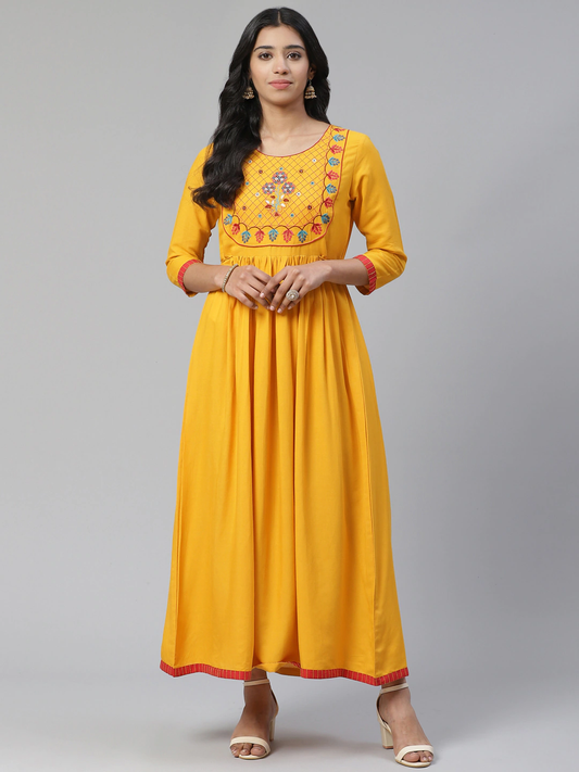 Women Yellow Embroidered Maxi Dress