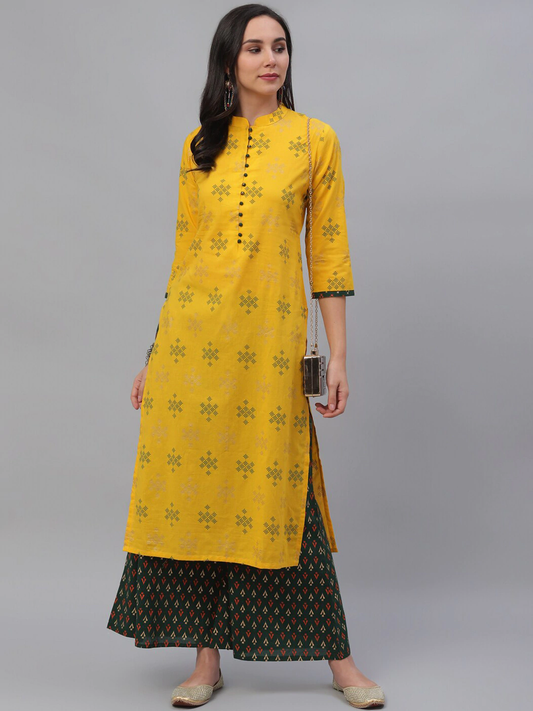 Women Yellow Printed Kurta with Palazzos