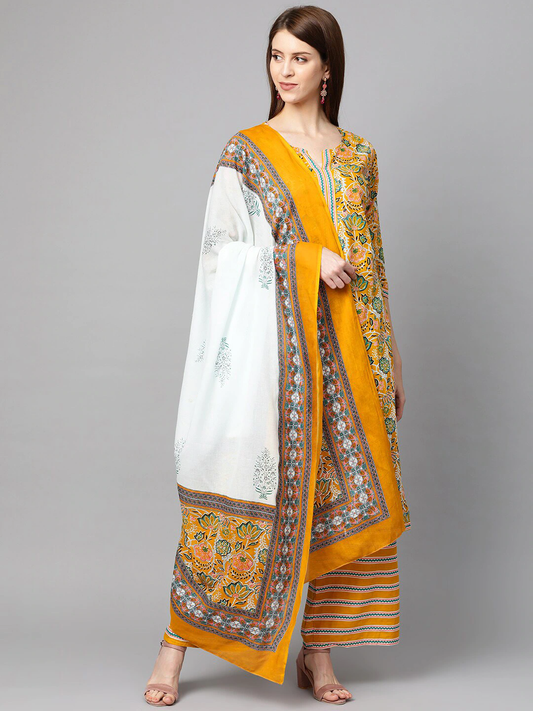 Women Yellow Printed Cotton Kurta Set