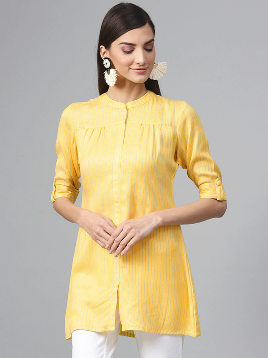 Women Yellow Self-Striped A-Line Kurti