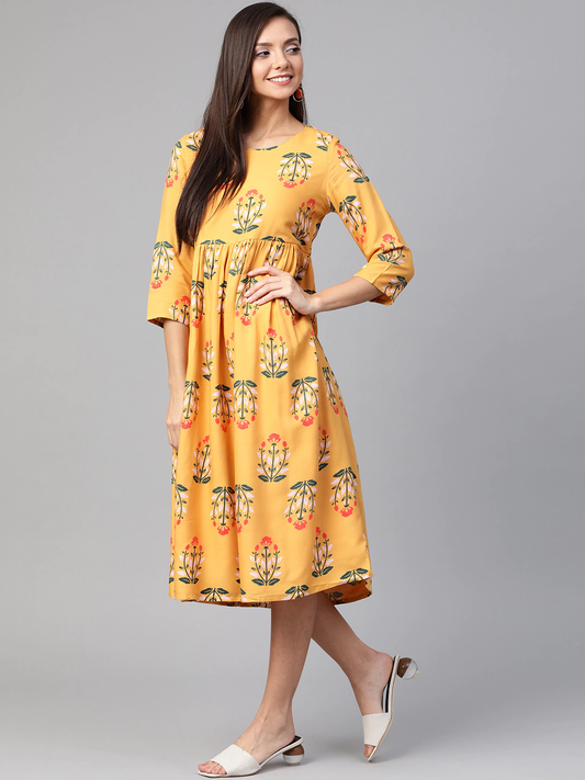 Women Yellow & Green Floral Printed Dress