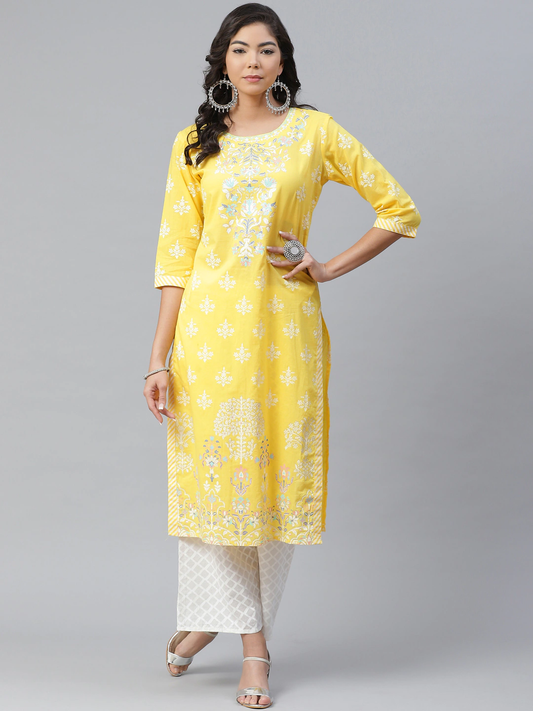 Women Yellow & Green Pure Cotton Kurta Set