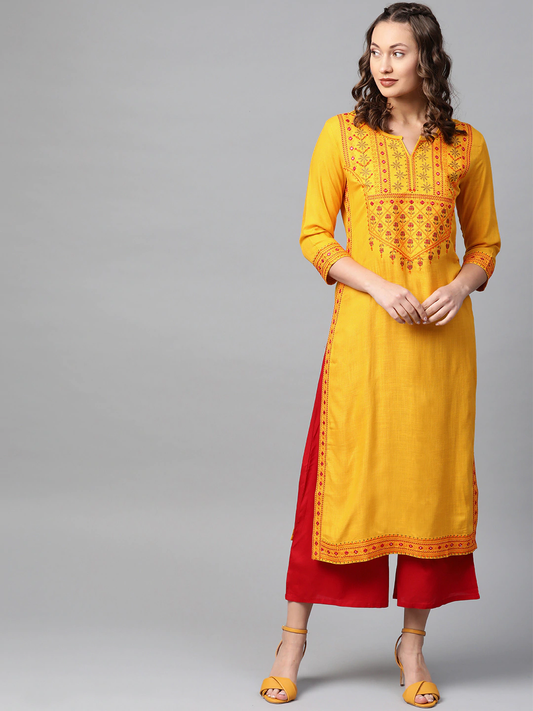 Women Yellow & Maroon Kurta with Palazzos