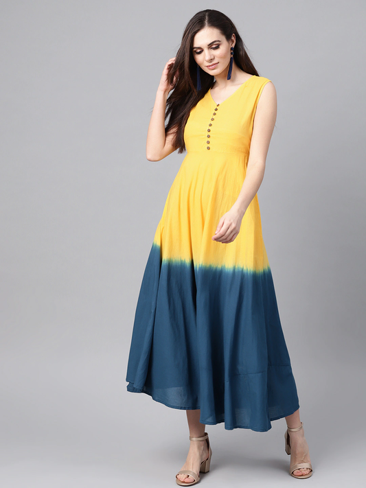 Women Yellow & Navy Blue Maxi Dress