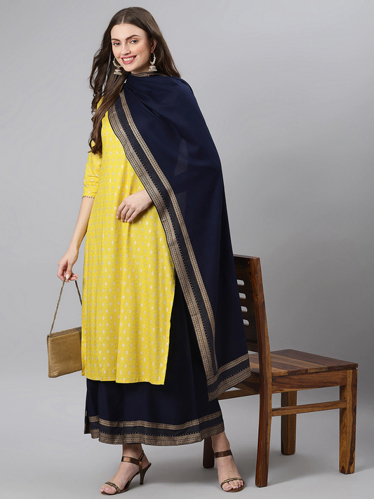 Women Yellow & Navy Blue Printed Kurta Set