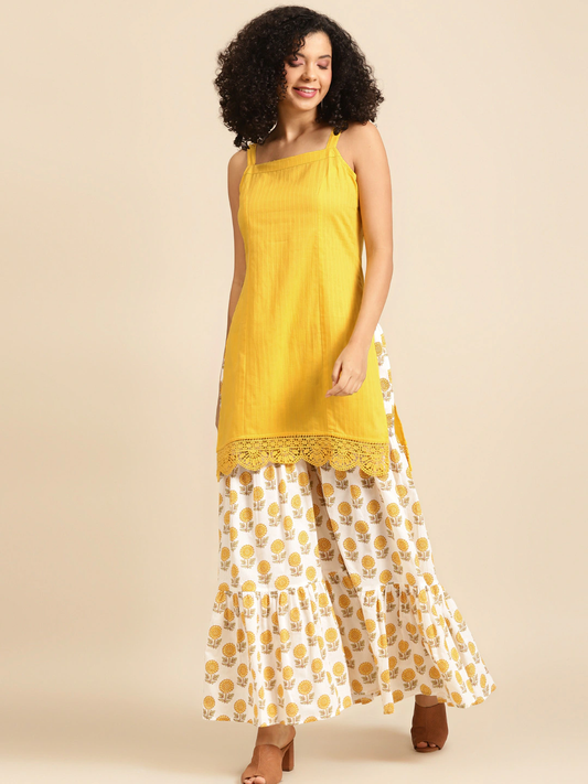 Women Yellow & Off-White Kurta with Sharara