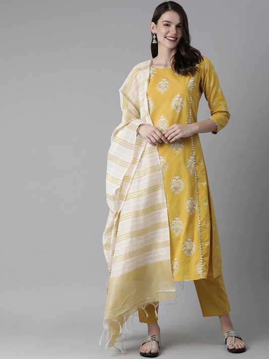 Women Yellow & Silver-Toned Cotton Kurta Set