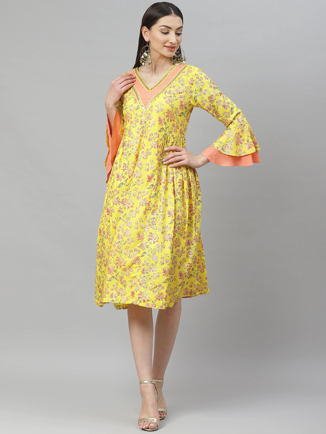 Women Yellow Floral Print A-Line Dress