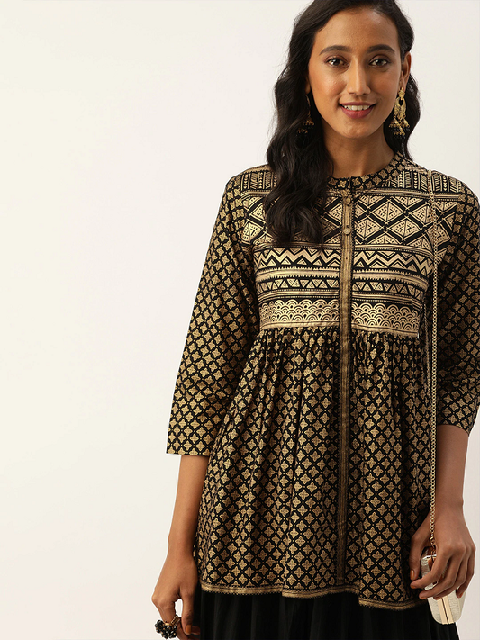 Women's Black & Gold Ethnic Printed Tunic Top