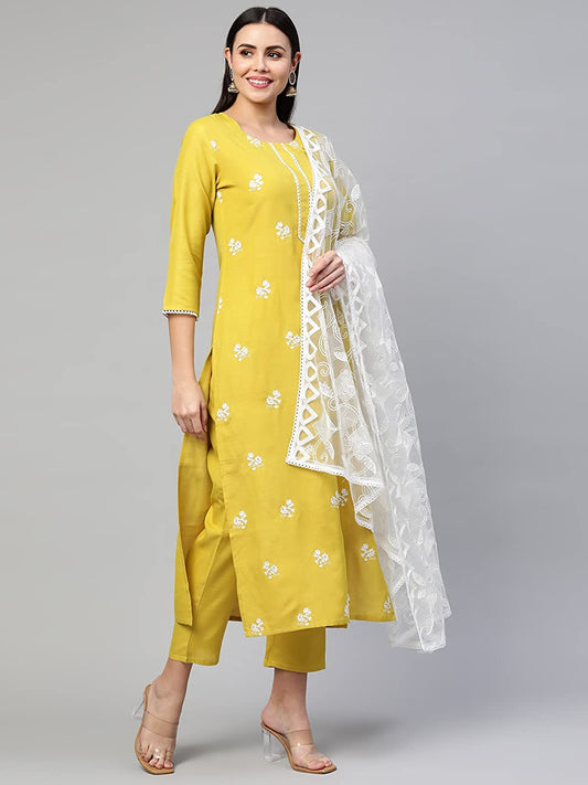 Women's Cotton Blend Embroidered Yellow Kurta Set