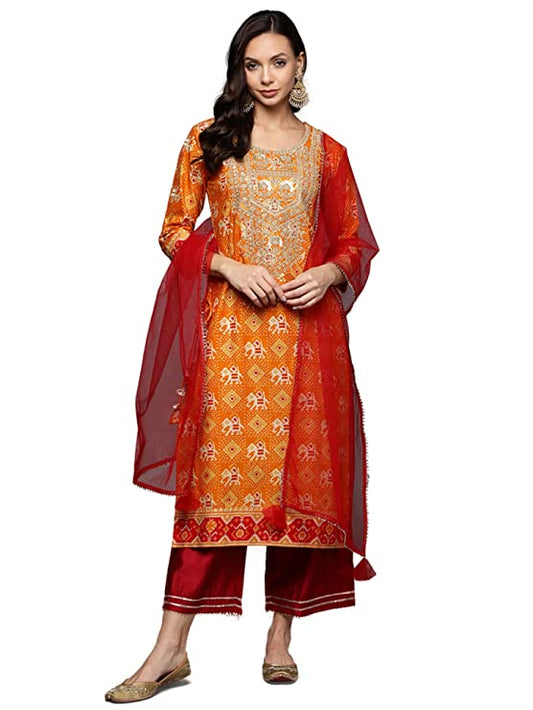 Women's Cotton Blend Embroidered Straight Kurta Set