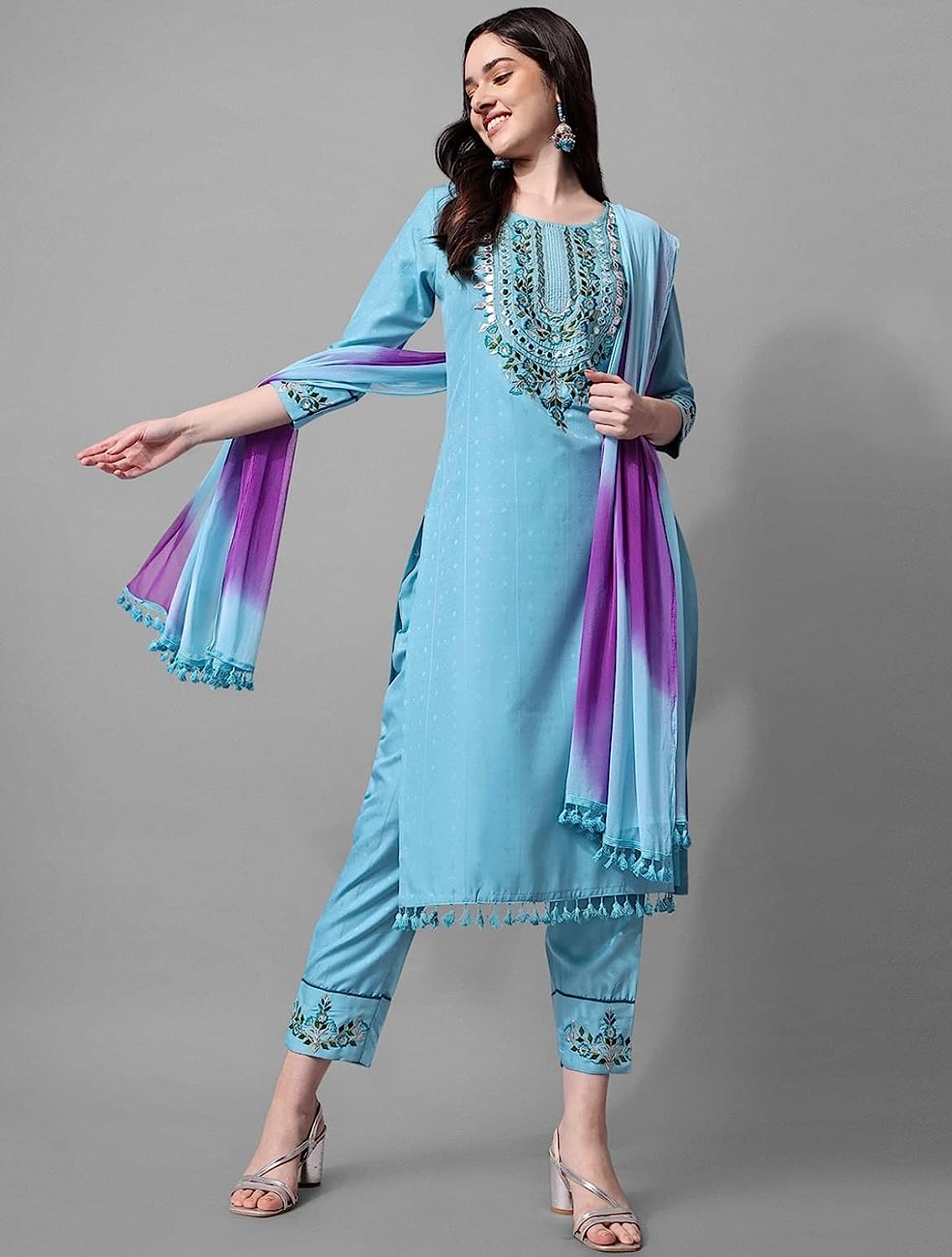 Women's Cotton Blend Embroidery Kurta Pant Dupatta Set