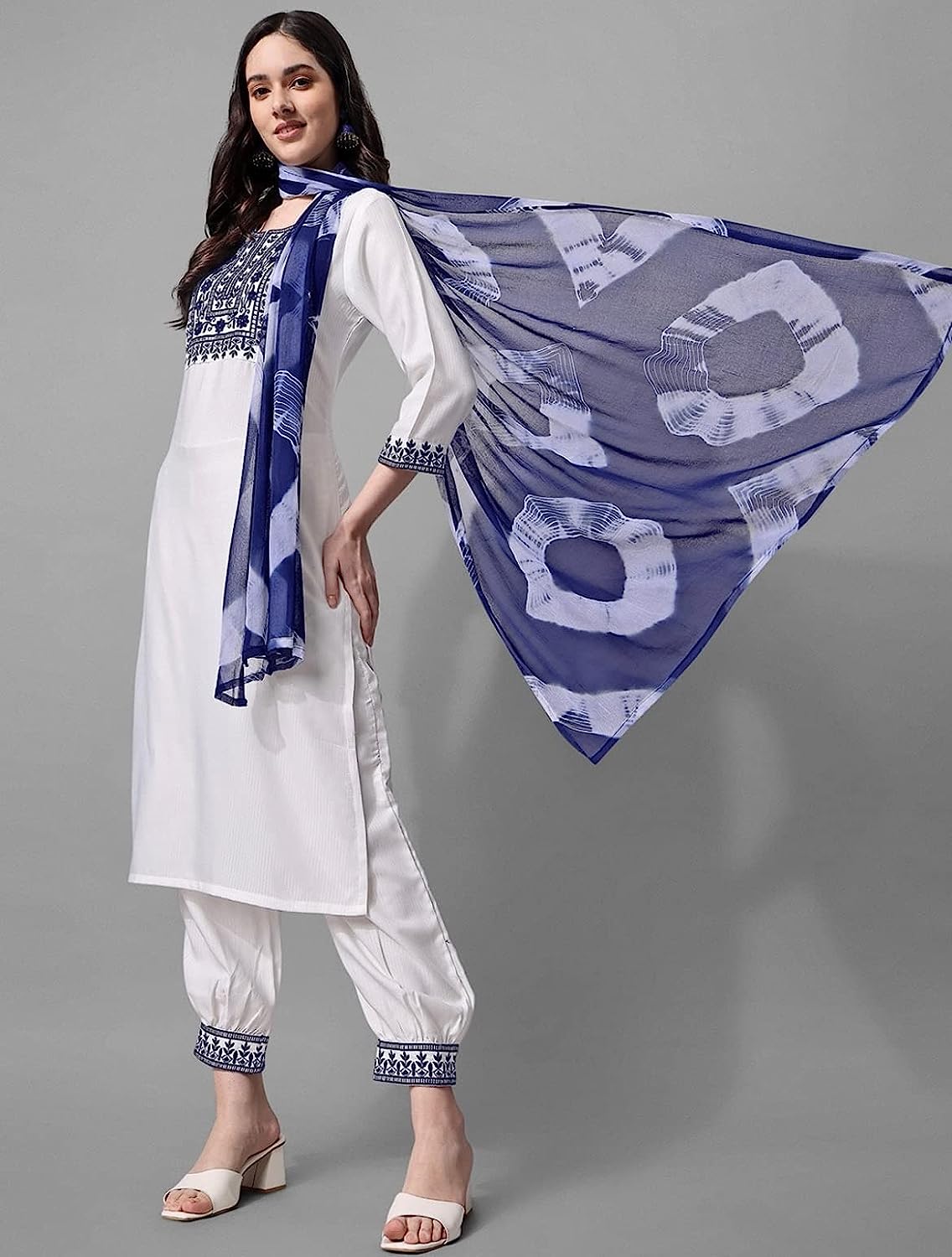 Women's Cotton Blend Embroidery Kurta Pant Dupatta Set