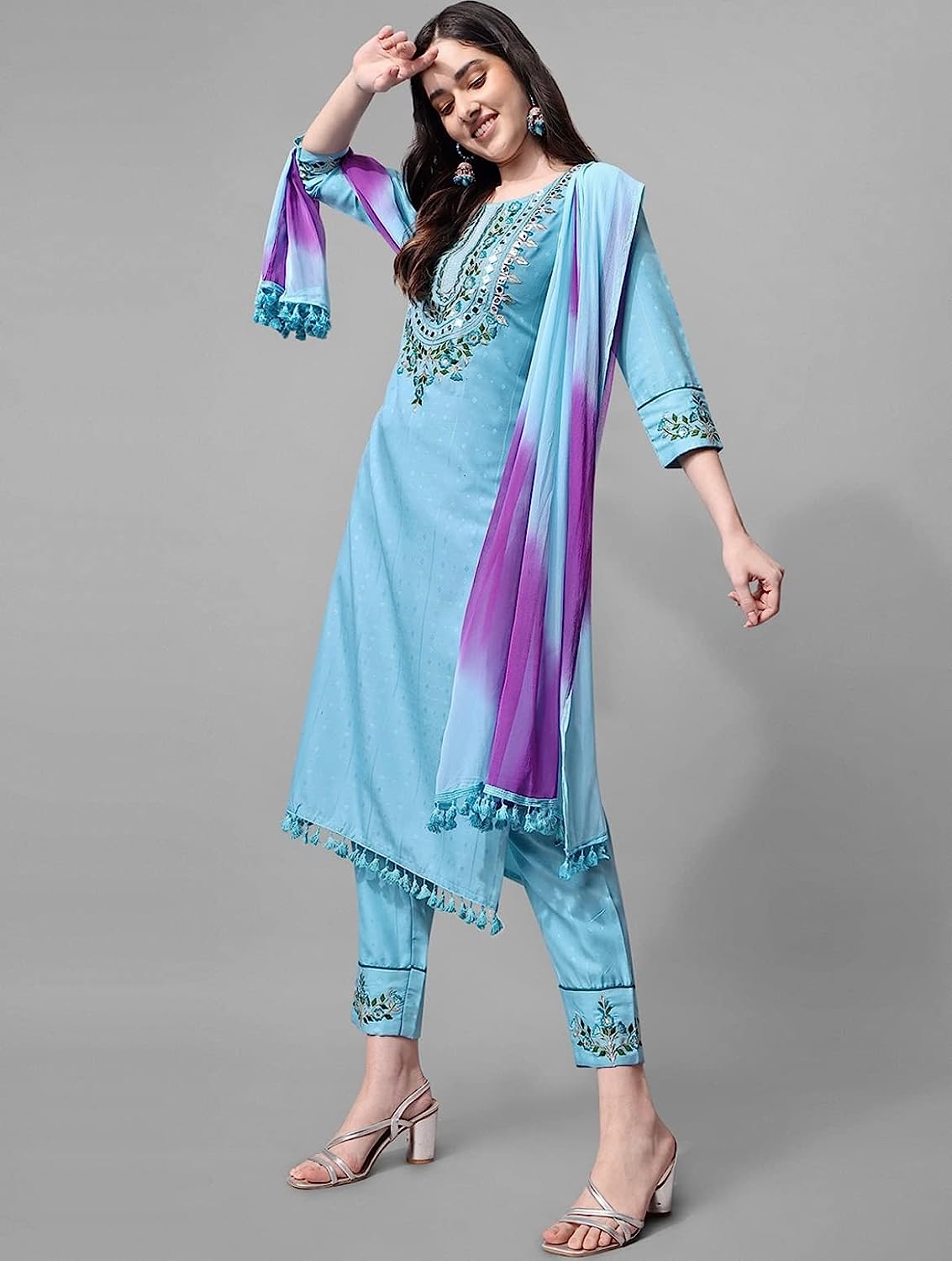 Women's Cotton Blend Embroidery Kurta Pant Dupatta Set