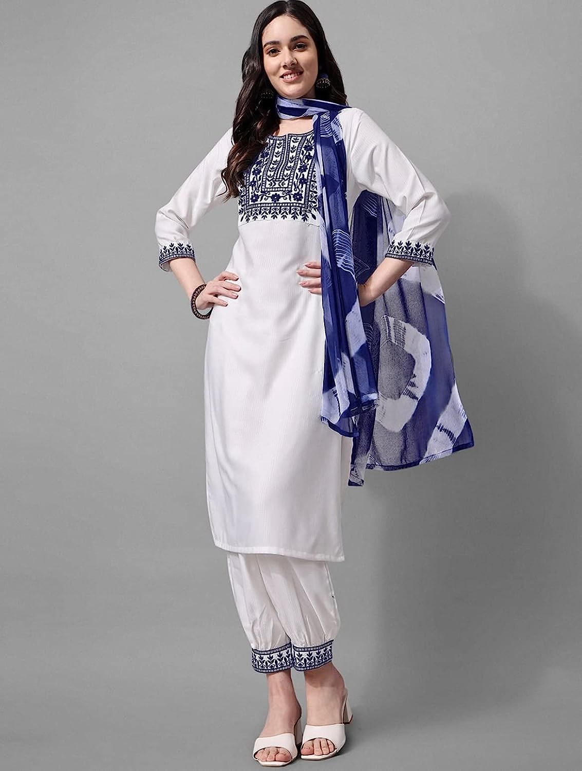 Women's Cotton Blend Embroidery Kurta Pant Dupatta Set