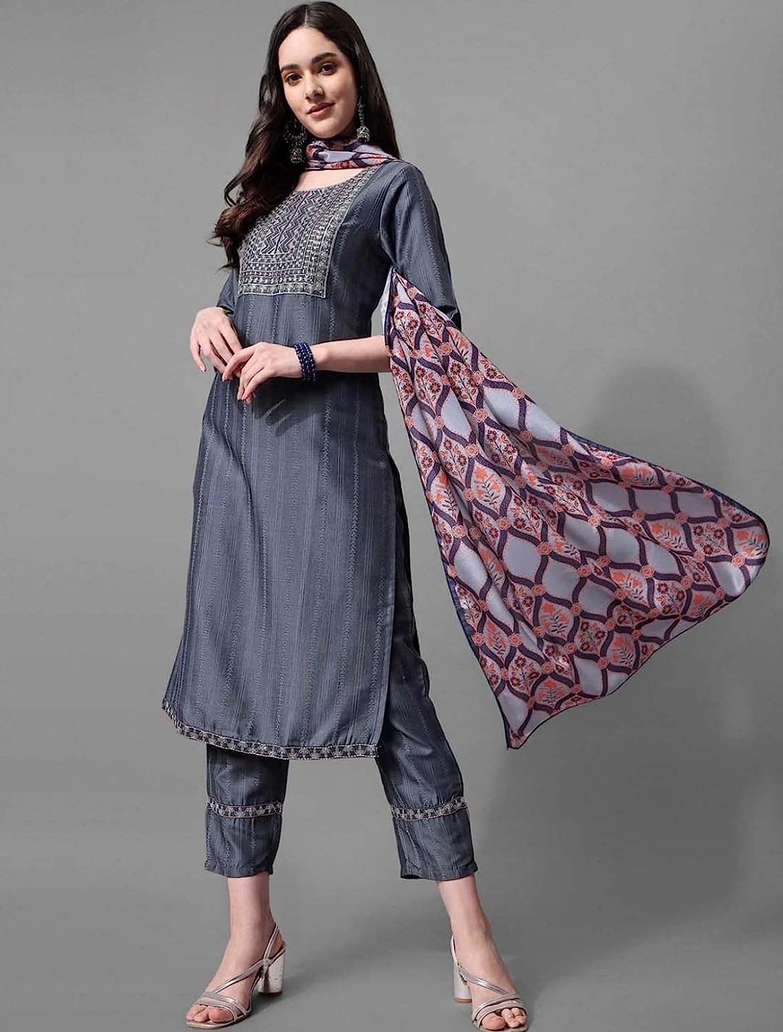 Women's Cotton Blend Embroidery Kurta Pant Dupatta Set