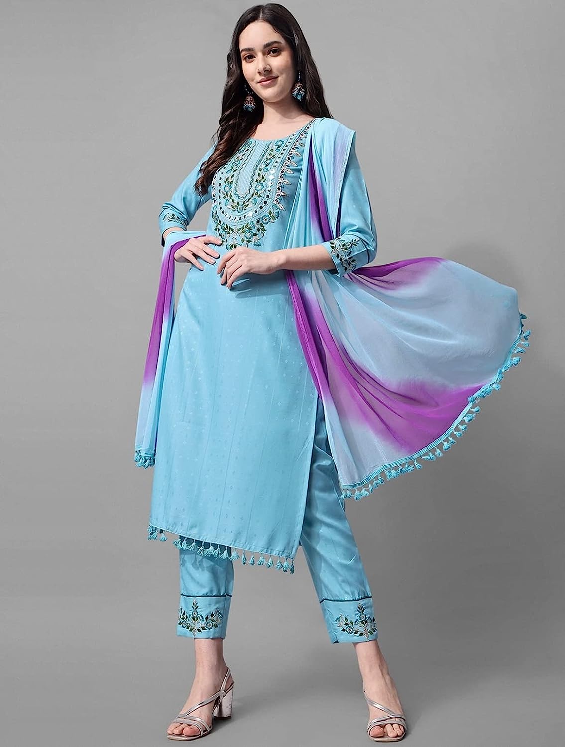 Women's Cotton Blend Embroidery Kurta Pant Dupatta Set