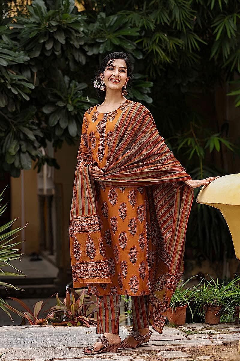 Women's Cotton Blend Floral Printed Straight Kurta Pant with Dupatta Set