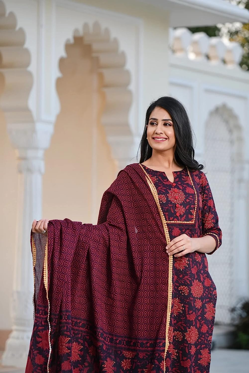 Women's Cotton Blend Printed Straight Kurta with Pant & Dupatta