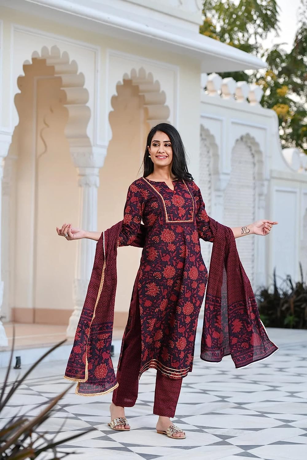 Women's Cotton Blend Printed Straight Kurta with Pant & Dupatta