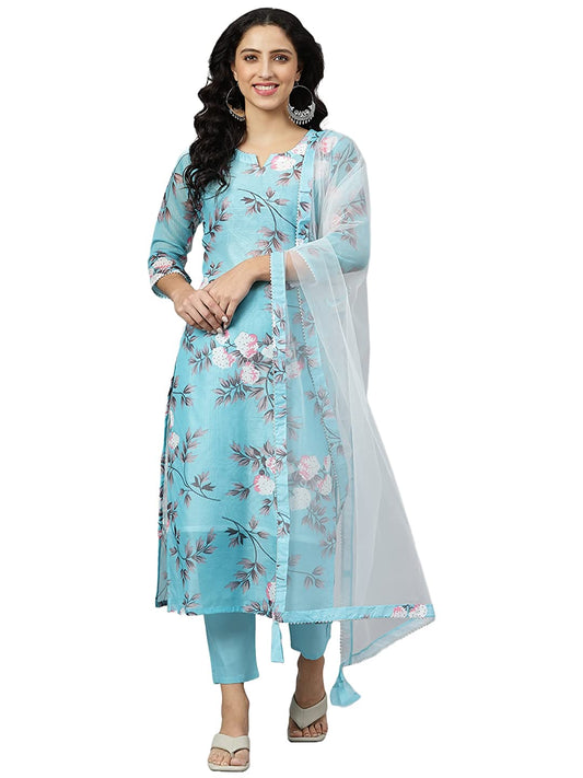Women's Cotton Blend Printed Straight Kurta set