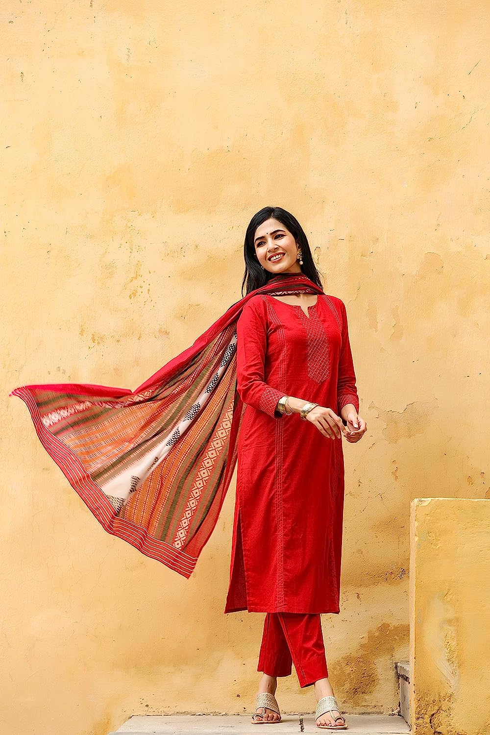 Women's Cotton Blend Solid Straight Kurta Pant with Dupatta Set