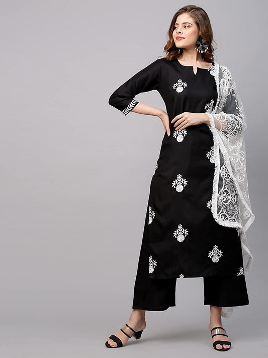 Women's Cotton Blend Straight Embroidered Kurta Set