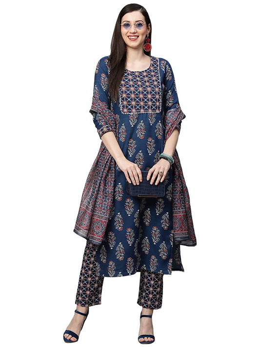 Women's Cotton Blend Straight Printed Kurta Set