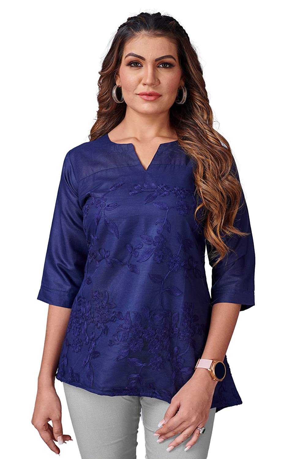 Women's Blue Cotton Blend & Net Embroidered Top