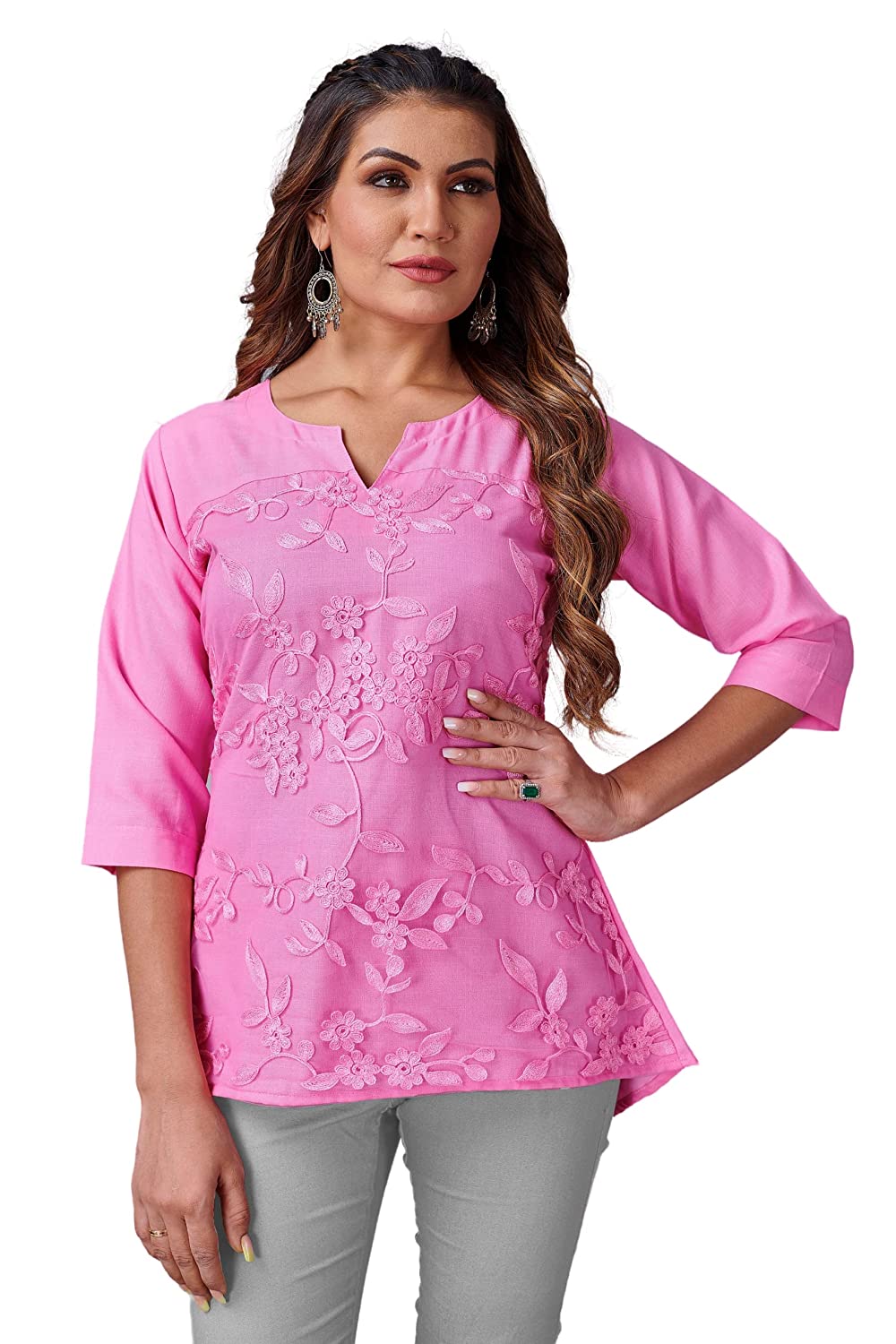 Women's Pink Cotton Blend & Net Embroidered Top