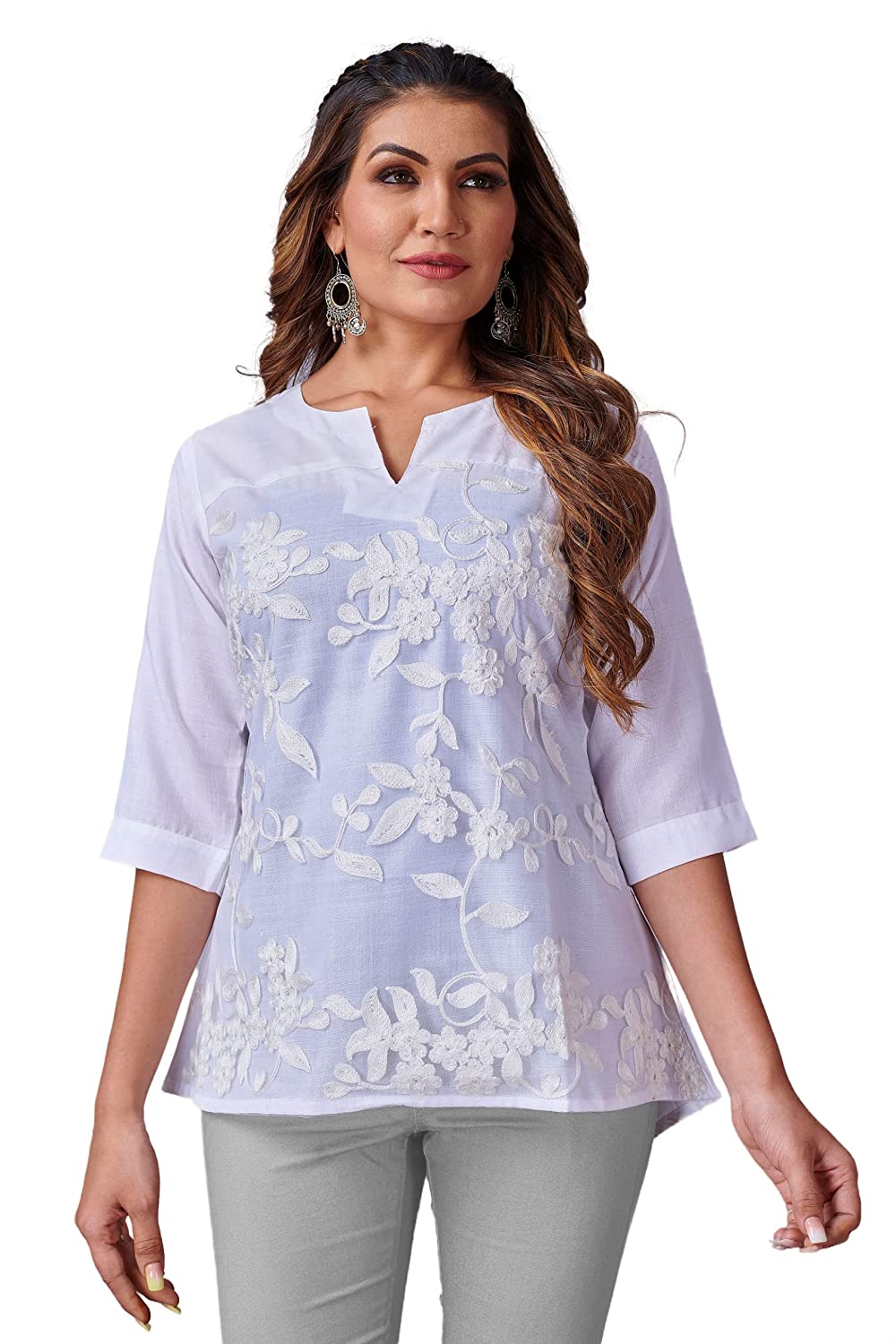 Women's White Cotton Blend & Net Embroidered Top