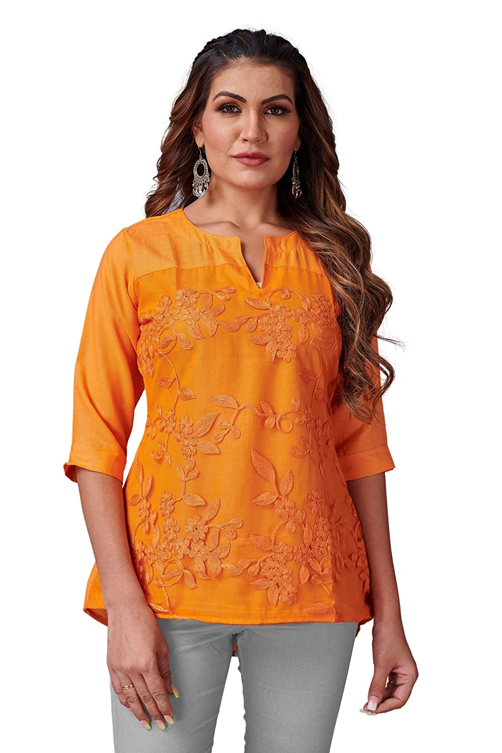 Women's Orange Cotton Blend & Net Embroidered Top