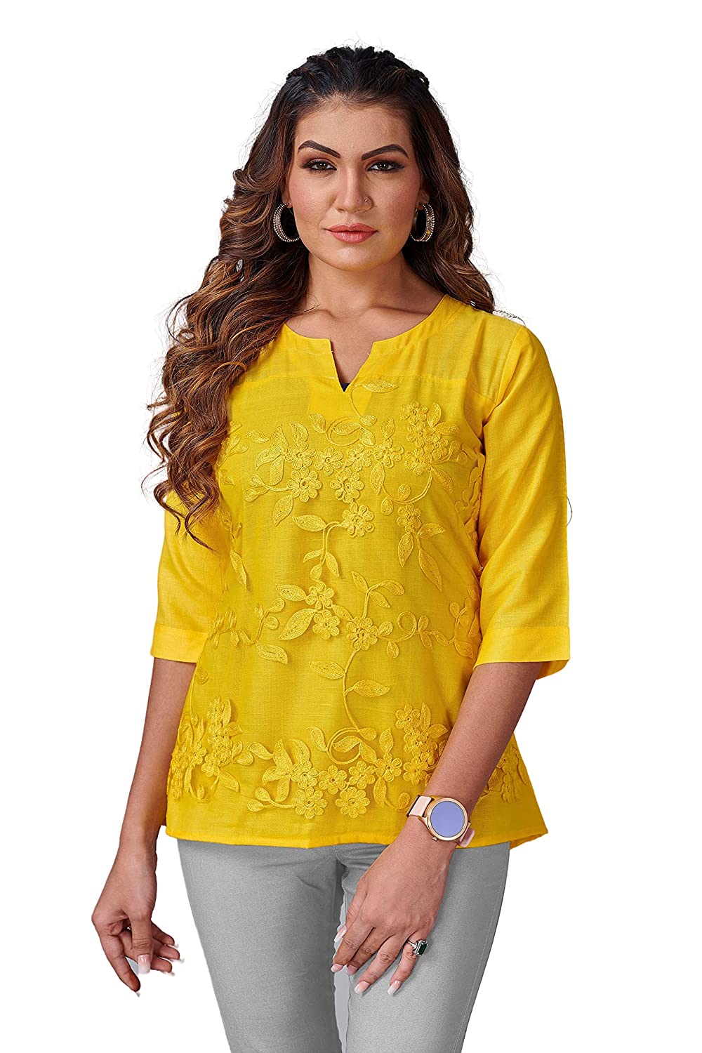 Women's Yellow Cotton Blend & Net Embroidered Top