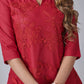 Women's Red Cotton Blend & Net Embroidered Top
