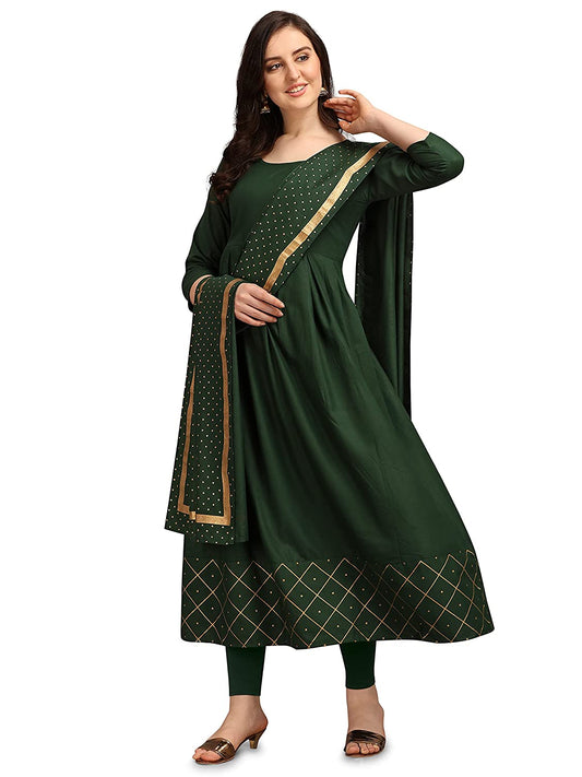 Women's Cotton Foil Print Anarkali Kurta with Dupatta