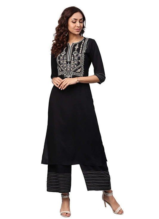 Women's Embroidered Black Rayon Kurta Set