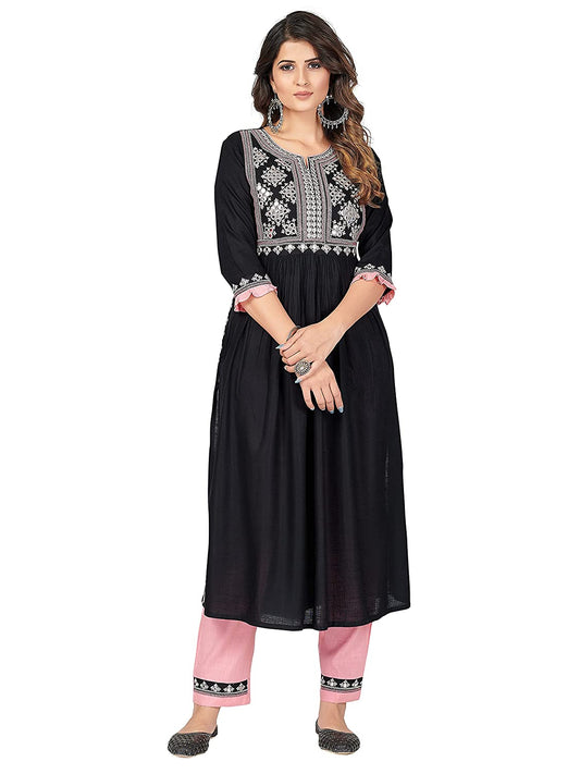 Women's Embroidered & Mirror Work A-line Kurta Set
