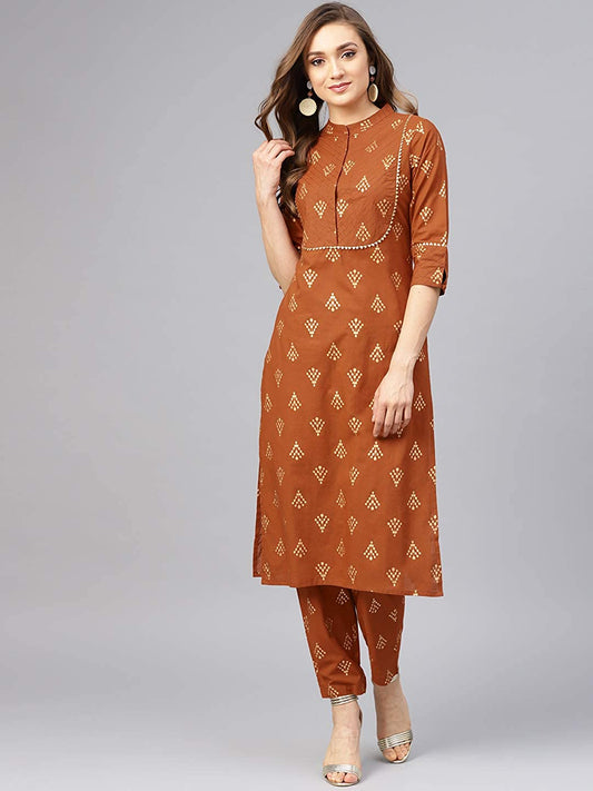 Women's Golden Color Print Cotton Kurta Set