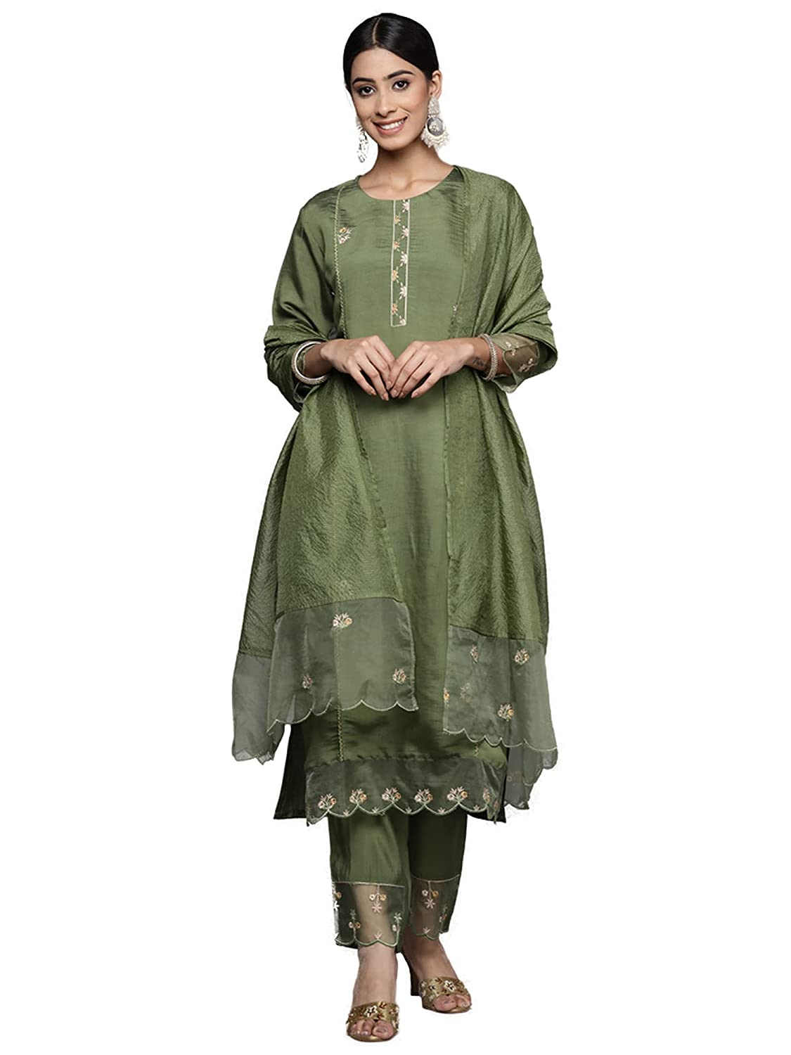 Women's Green Embroidered Straight Kurta Trousers With Dupatta Set