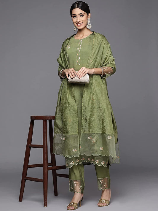 Women's Green Embroidered Straight Kurta Trousers With Dupatta Set