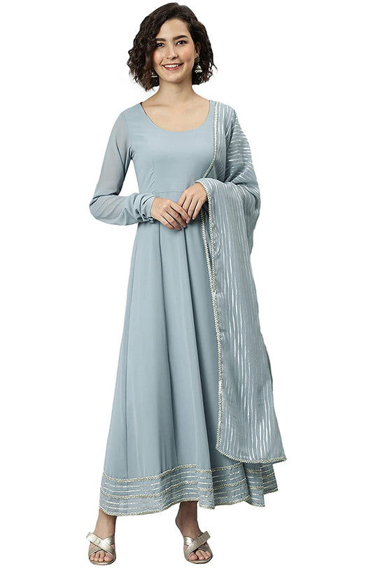 Women's Grey Poly Georgette Solid Kurta Set