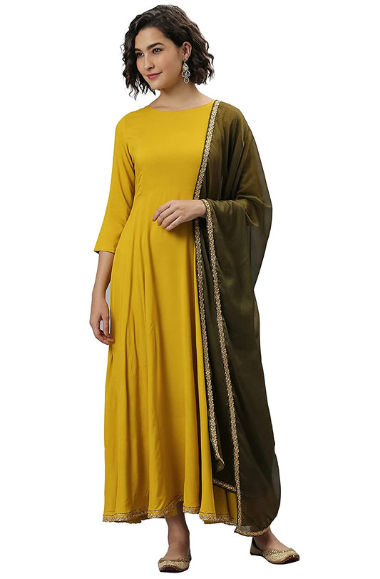 Women's Mustard Rayon Kurta with Dupatta Set
