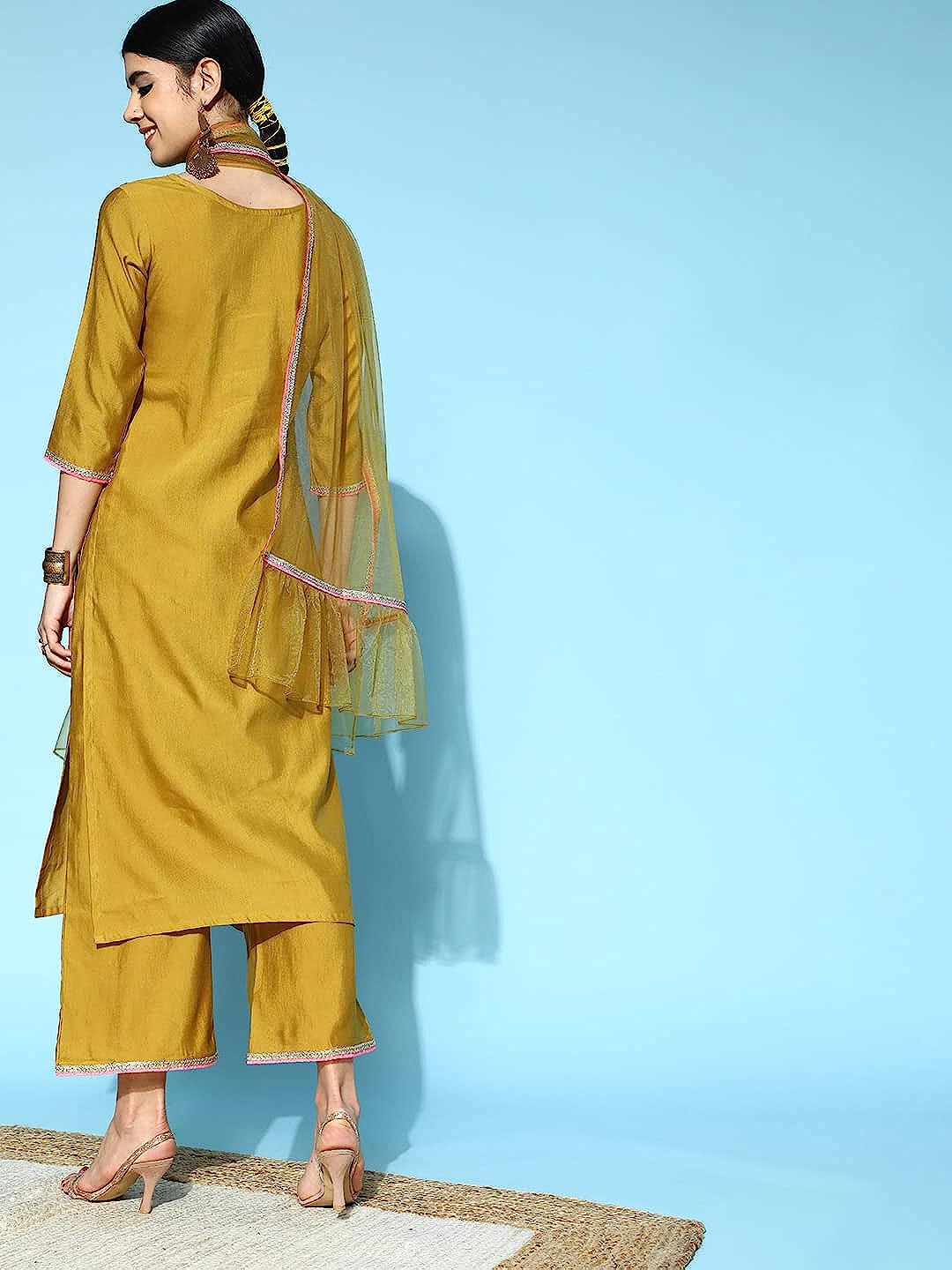 Women's Net Floral Embroidered Straight Kurta Palazzo with Dupatta Set