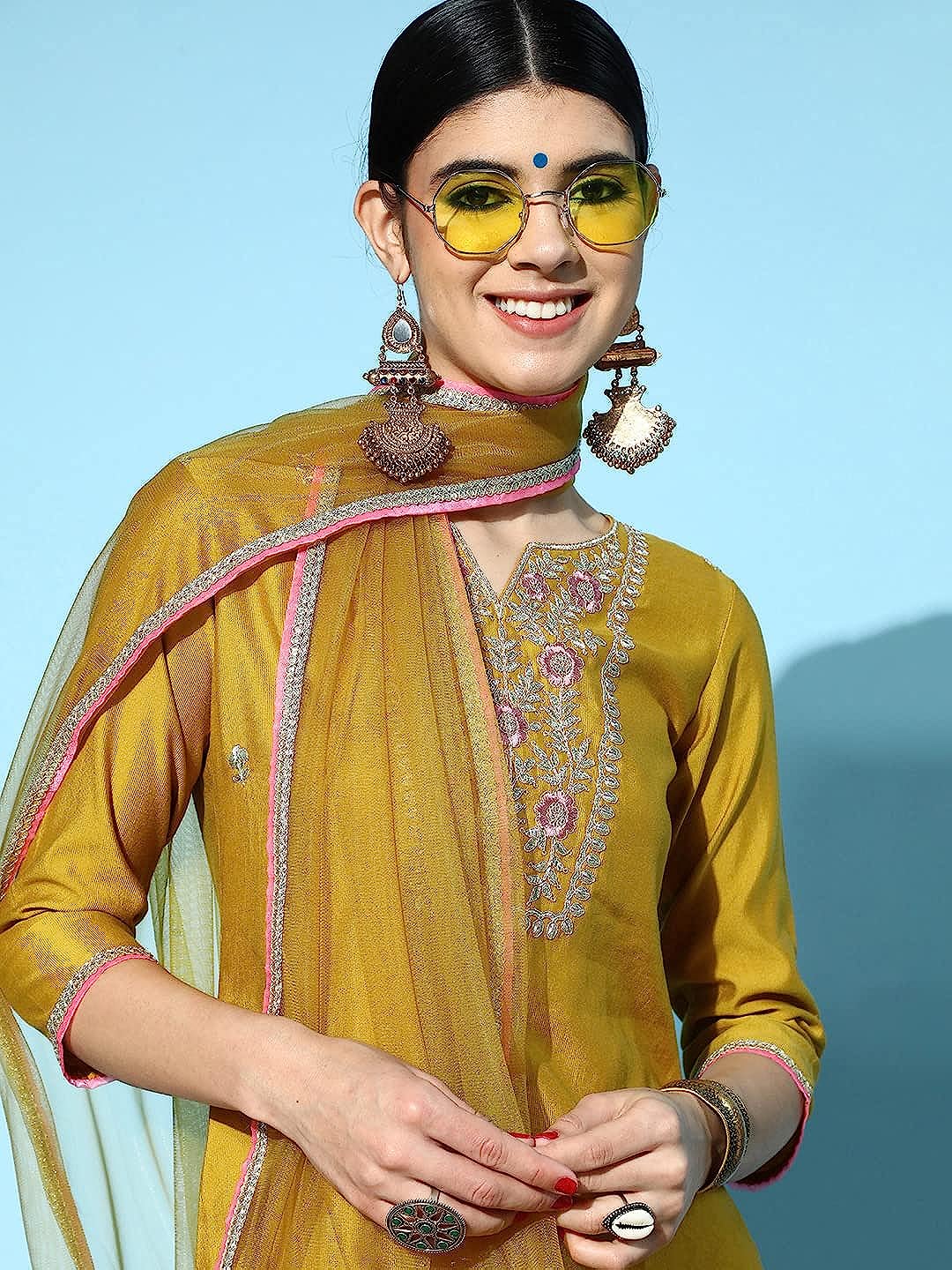 Women's Net Floral Embroidered Straight Kurta Palazzo with Dupatta Set