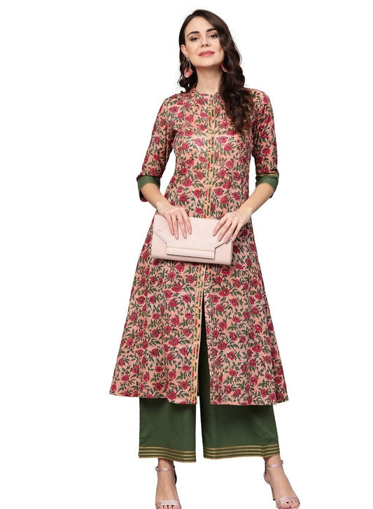 Women's Pink Floral Print Cotton Kurta Set