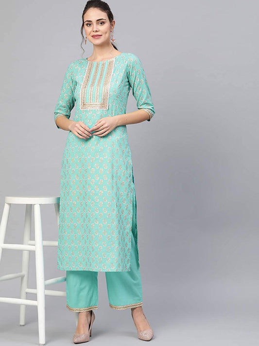 Women's Rama Green Gold Print Cotton Kurta Set